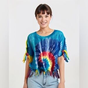 Spirit Brand Multicolored Rainbow Tie Dye Fringe Hem Short Sleeve Top
